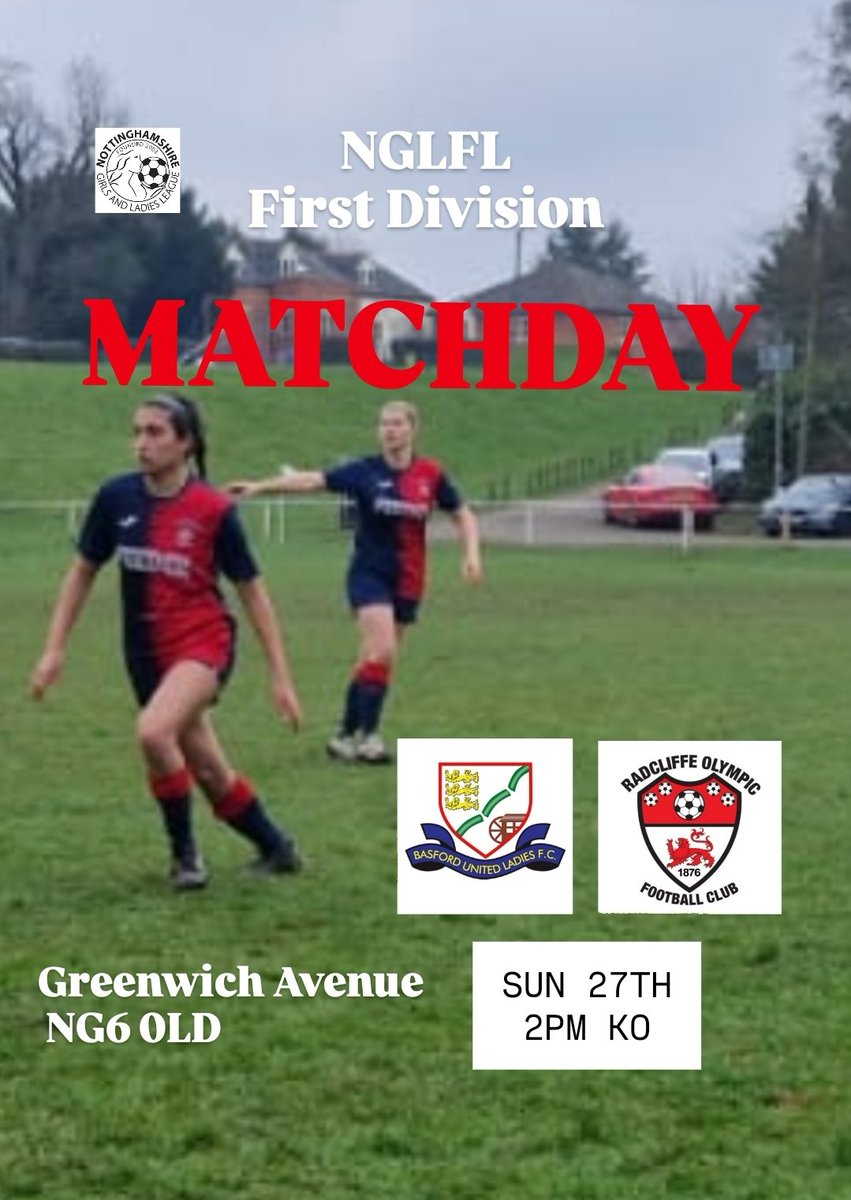 Radcliffe Olympic FC (@rofc1876) on Twitter photo ❗️MATCHDAY❗️ our ROFC Ladies 1st team are in Notts Girls and Ladies Football League action this afternoon
🆚️ <a href="/BasfordLadiesFC/">Basford United Ladies FC</a> U23s
⏰️ 2pm KO
📌 Greenwich Avenue, NG6 0LD
All support welcome 🙏
⚽️🔵🔴🔵🔴⚽️
🔸️Ladies sponsors <a href="/FeederHQ/">Feeder</a> <a href="/sleafordmods/">Sleaford Mods</a> ❗️MATCHDAY❗️ our ROFC Ladies 1st team are in Notts Girls and Ladies Football League action this afternoon
🆚️ <a href="/BasfordLadiesFC/">Basford United Ladies FC</a> U23s
⏰️ 2pm KO
📌 Greenwich Avenue, NG6 0LD
All support welcome 🙏
⚽️🔵🔴🔵🔴⚽️
🔸️Ladies sponsors <a href="/FeederHQ/">Feeder</a> <a href="/sleafordmods/">Sleaford Mods</a>