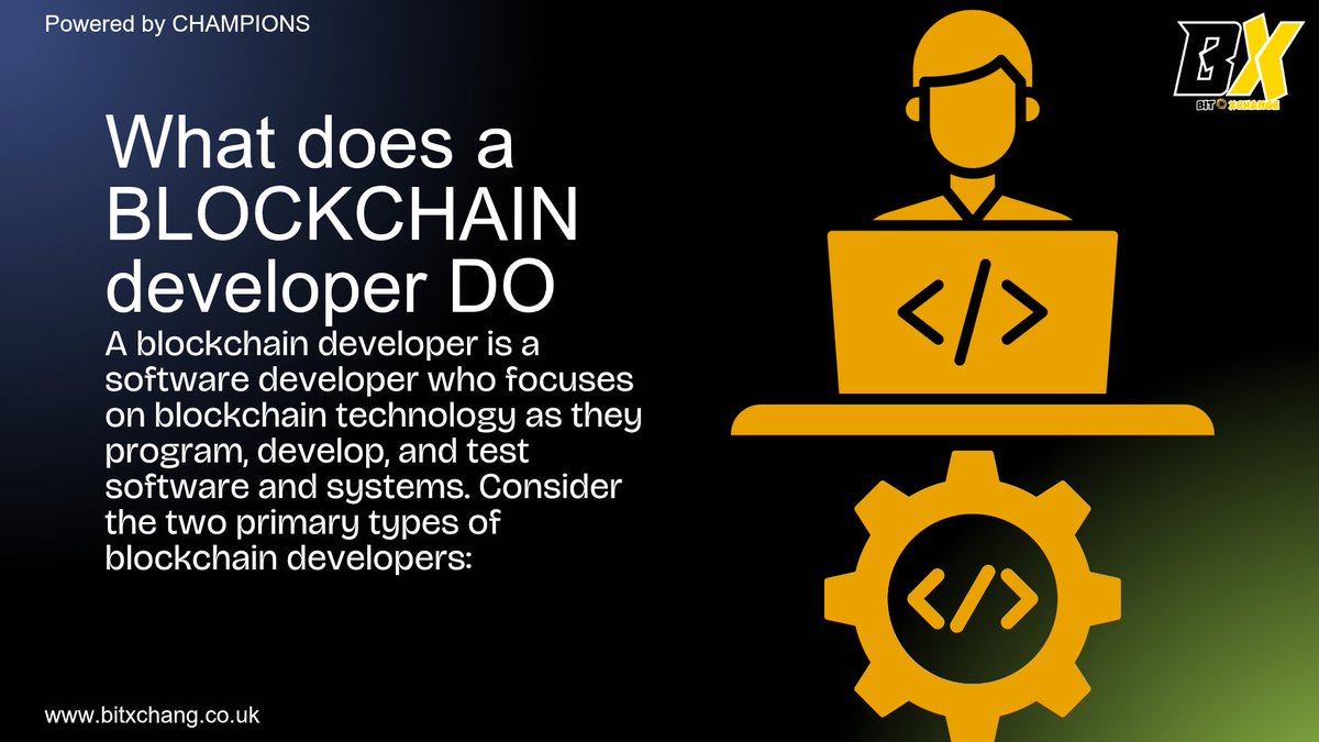 Bitxchang's tweet photo. A #Blockchain #developer is a software developer who focuses on blockchain technology as they program, develop, and test #software and systems. Consider the two primary types of blockchain developers:

1. Core blockchain developer: Core blockchain developers develop and maintain the architecture of blockchain #systems. In this role, you design protocols, develop security patterns, and supervise the network as a whole.

2. Blockchain software developer: Blockchain software developers build #applications onto existing blockchain platforms. As a blockchain software developer, you handle front-end and back-end development, design, and maintenance.

#bitxchange