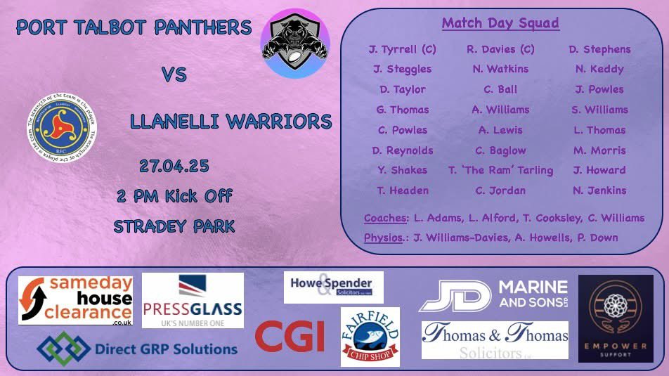 GwilLLANELLIWARRIORS (@gwilwarriors) on Twitter photo Today Heddi
⚔️ <a href="/PTPANTHERSS/">Port Talbot Panthers RFC</a>
🗺️ Parc y Strade, Wanderers RFC
📍SA15 3EF
🕑 2:00pm
Croeso i pawb
Free entry
Come and support rugby 🏉 for all
<a href="/ActifPathwaysDC/">Darren Carew</a> <a href="/dsw_news/">Disability Sport Wales</a> <a href="/AllWalesSport/">All Wales Sport</a> <a href="/rlloydpr/">Robert Lloyd</a> <a href="/AllWalesForum/">All Wales Forum</a> <a href="/ScarletPembs/">Sosbans and Sidesteps Podcast</a> <a href="/adamfussell93/">adam</a> <a href="/sportcarms/">Chwaraeon a Hamdden Actif | Actif Sport & Leisure</a> <a href="/Scarlets_Supp/">Scarlets Official Supporters</a> <a href="/MencapCymru/">Mencap Cymru</a> Today Heddi
⚔️ <a href="/PTPANTHERSS/">Port Talbot Panthers RFC</a>
🗺️ Parc y Strade, Wanderers RFC
📍SA15 3EF
🕑 2:00pm
Croeso i pawb
Free entry
Come and support rugby 🏉 for all
<a href="/ActifPathwaysDC/">Darren Carew</a> <a href="/dsw_news/">Disability Sport Wales</a> <a href="/AllWalesSport/">All Wales Sport</a> <a href="/rlloydpr/">Robert Lloyd</a> <a href="/AllWalesForum/">All Wales Forum</a> <a href="/ScarletPembs/">Sosbans and Sidesteps Podcast</a> <a href="/adamfussell93/">adam</a> <a href="/sportcarms/">Chwaraeon a Hamdden Actif | Actif Sport & Leisure</a> <a href="/Scarlets_Supp/">Scarlets Official Supporters</a> <a href="/MencapCymru/">Mencap Cymru</a>