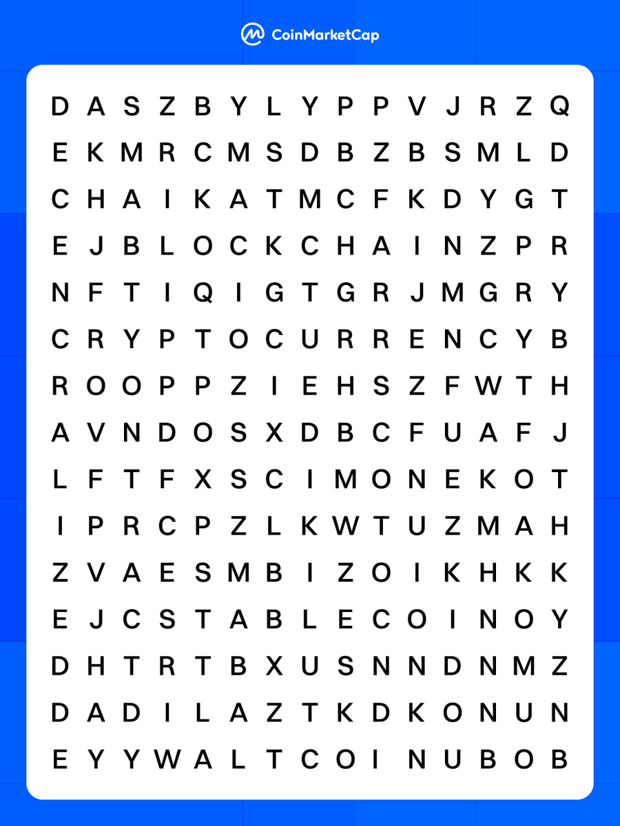 CoinMarketCap's tweet photo. Crypto Word Puzzle 🧩

Can you find the 8 hidden words? Try your best 👇 https://t.co/KZwsOOszKz