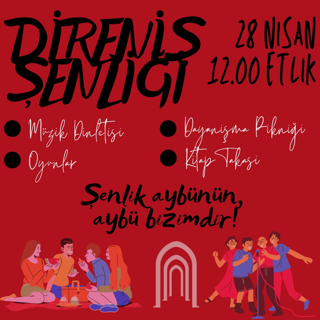 Tüm sıra arkadaşlarımızı dayanışma pikniğimize çağırıyoruz!
Getirdiğimiz yiyecekleri, içecekleri paylaşıyor; müziğimizle, oyunlarımızla, sohbetlerimizle kampüsümüzü özgürleştiriyoruz. Kitaplarımızı takas ediyor, bilgi ve umudu büyütüyoruz.
Yaşasın dayanışma!