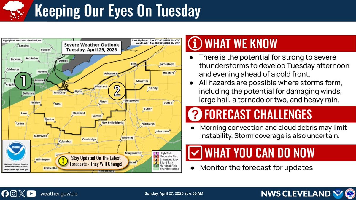 ⚠️ ⛈️There is the potential for strong to severe storms to develop Tuesday afternoon and evening ahead of a cold front with all hazards possible. Several forecast uncertainties remain with specific details continuing to evolve over the next couple of days.