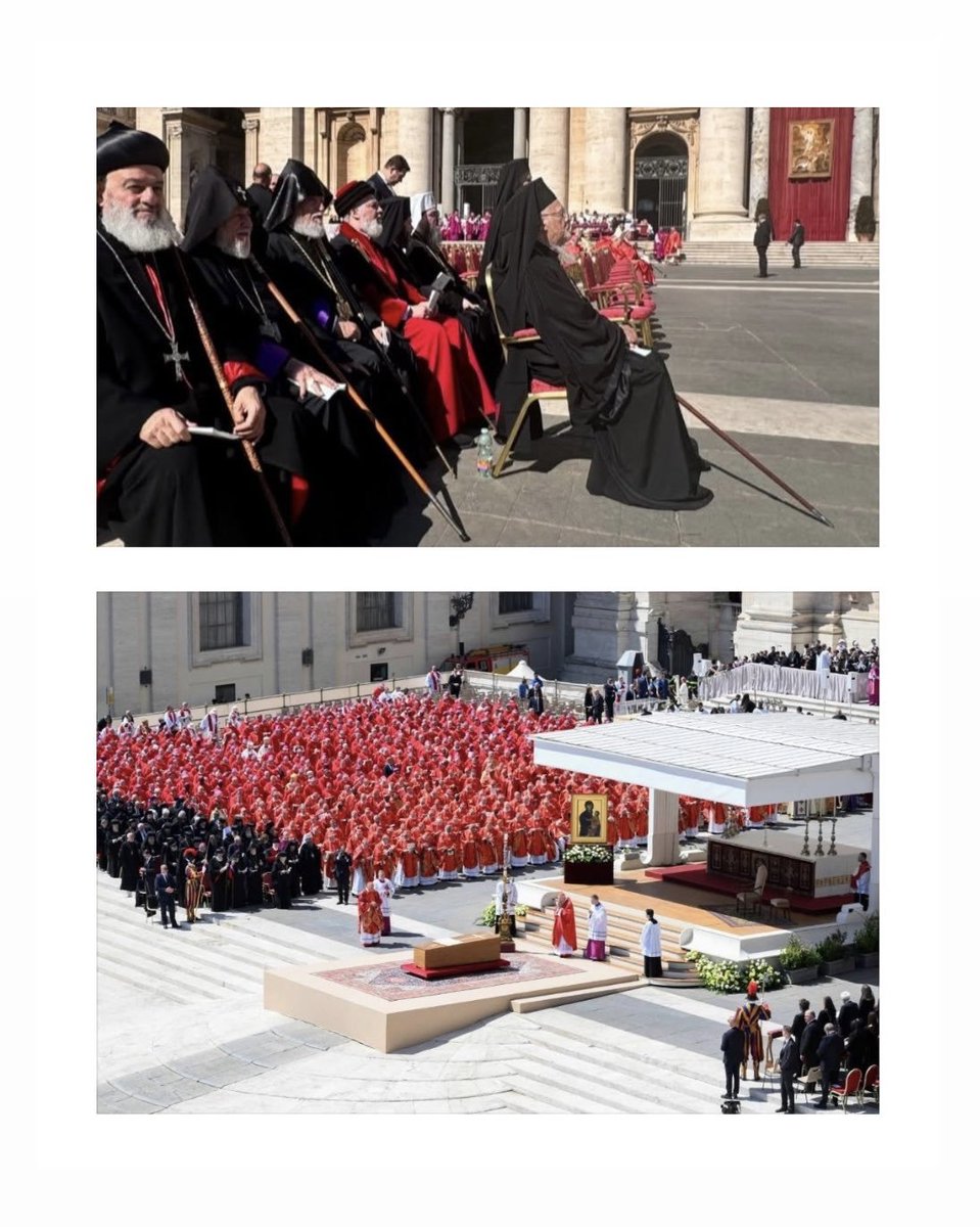For those eagle-eyed observers.

In accords of the Canon 3 of the Second Ecumenical Council of 381 AD, the Archbishop of Constantinople is second only to the Bishop of Rome

Thus, Ecumenical Patriarch Bartholomew was given a special position, sitting in front of all the Cardinals