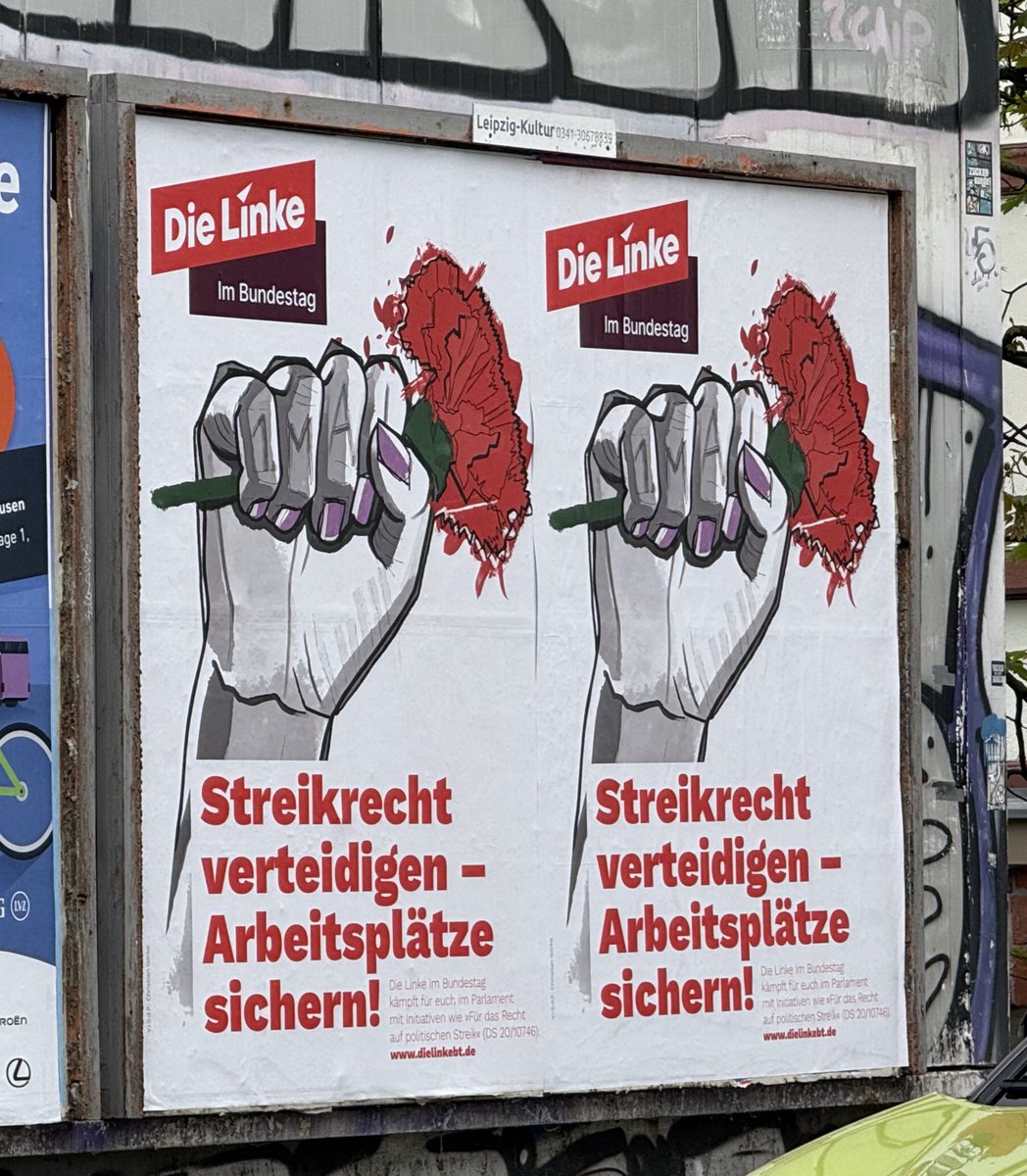 LINKEPELLI's tweet photo. U.a. im Stadtbild von Leipzig sind die Plakate von @dielinkebt gut sichtbar platziert. Ich selbst werde am 1. Mai 2025 um 10:30 an der DGB-Mai-Demo ab dem Volkshaus teilnehmen, im Anschluss (ab 12 Uhr) Infostand auf dem Leipziger Markt. Ab 14:00 Uhr dann Hof- und Straßenfest von @DIELINKELeipzig in der Braustraße.