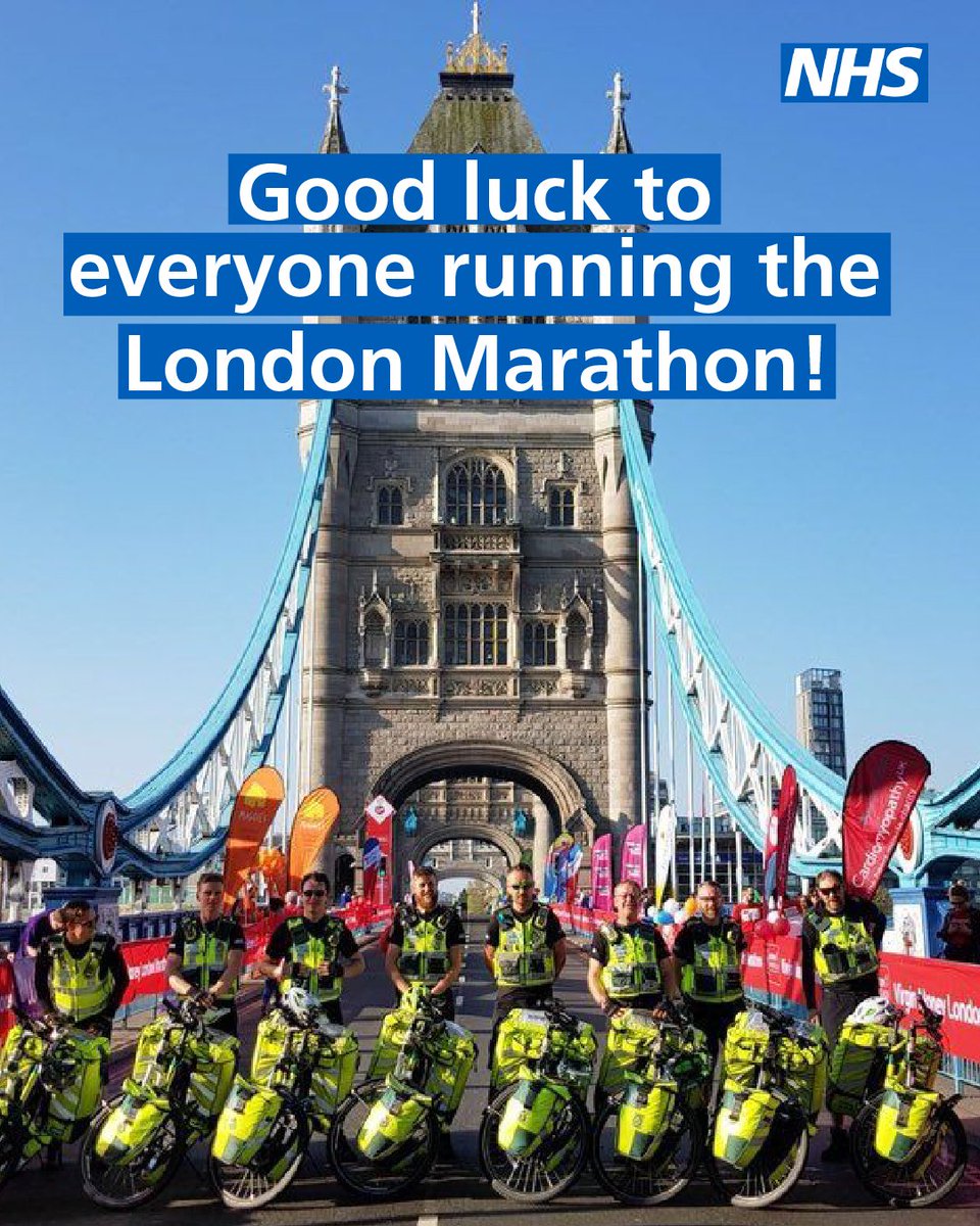 NHS (@nhsuk) on Twitter photo Good luck to our NHS colleagues and everyone running the #LondonMarathon today!
Thank you to <a href="/Ldn_Ambulance/">London Ambulance Service</a> and <a href="/stjohnambulance/">St John Ambulance England</a> teams who will be working hard to keep people safe.
Inspired to go for a run too?! Try the NHS Couch to 5K app: nhs.uk/live-well/exer… Good luck to our NHS colleagues and everyone running the #LondonMarathon today!
Thank you to <a href="/Ldn_Ambulance/">London Ambulance Service</a> and <a href="/stjohnambulance/">St John Ambulance England</a> teams who will be working hard to keep people safe.
Inspired to go for a run too?! Try the NHS Couch to 5K app: nhs.uk/live-well/exer…