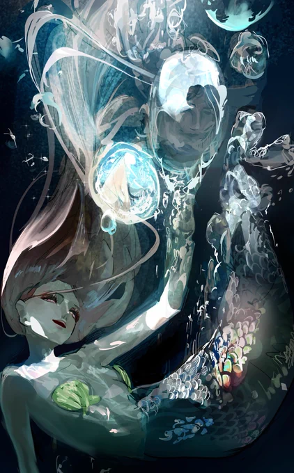 吉田岬さんの短歌のFAを描きました! 吉田さんの詠まれる人魚には耽美な、掴みどころのないイメージを抱いているので、そういう雰囲気の人魚を描きました 今回は吉田さんの人魚像全体のFAなのですが、強いて一首あげるなら↓ 十四月号より 『人間の価値観だったら泡になることは不幸だと知った』