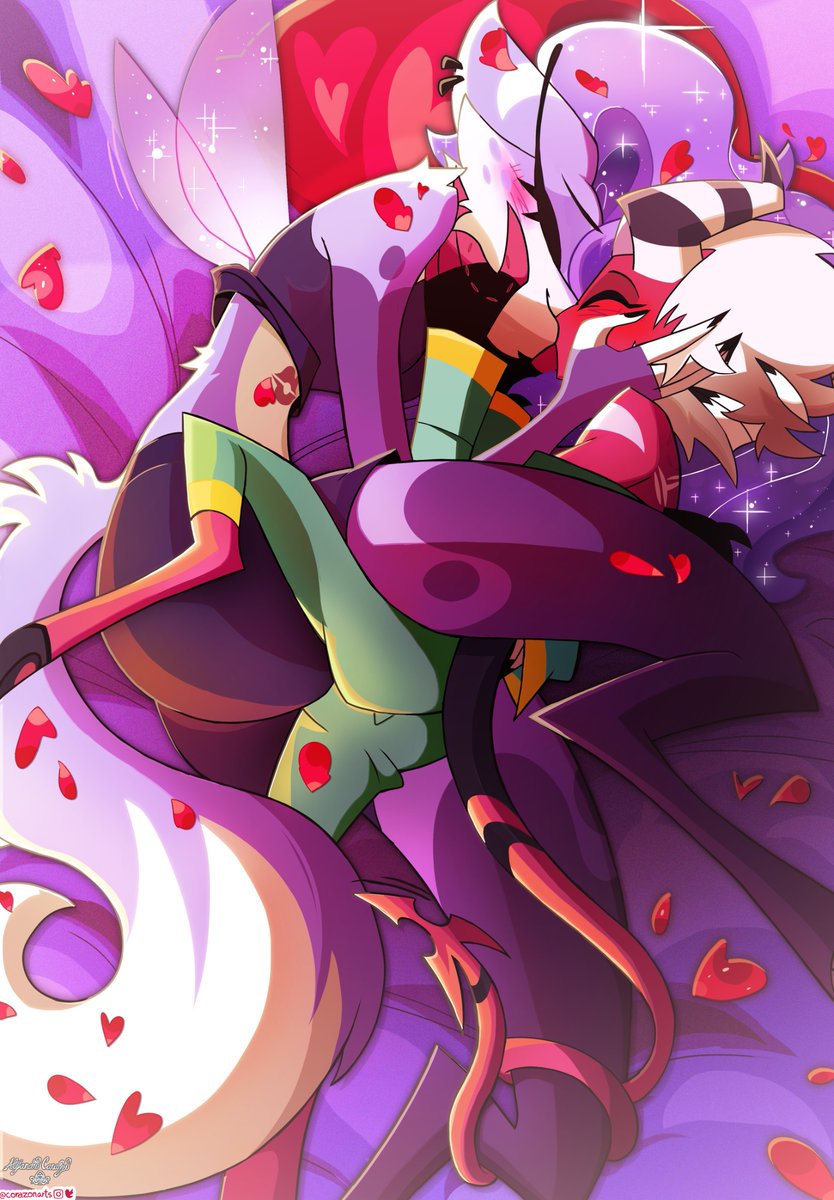 Hiya everyone ! I have another #Aless x #OC #Commission for 
<a href="/JesRarity/">JesRarity 💚</a>
 of #Nectar and Aless waking up together after a peaceful rest. 
#HoneySickle #Hellaverse #HelluvaBossOC #HelluvaBossFanart #HelluvaBoss #HazbinHotel #HazbinHotelFanart
#cuddling