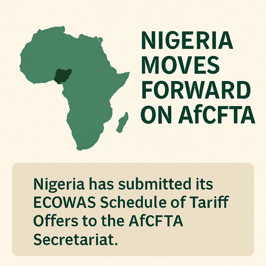 MerakiAfrique's tweet photo. Nigeria submitted its ECOWAS tariff offers to the AfCFTA Secretariat, a major step from vision to action!
Trade integration isn’t automatic; it takes commitment like this.
We hope more countries follow suit.
#AfCFTA #NigeriaTrade #MerakiAfrique https://t.co/PDZk1KeDe8