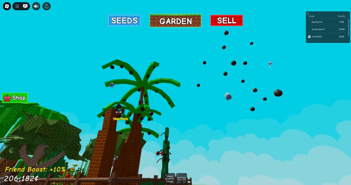 Grimincent's tweet photo. @jandelRblx Ive been messing around with the new stuff that has been added and discovered that if you move a coconut tree full of coconuts with the trowel it actually dupes the tree having coconuts grow on an invisible tree floating in the air. This doubled my income for coconuts. https://t.co/gkNY6CfjmG