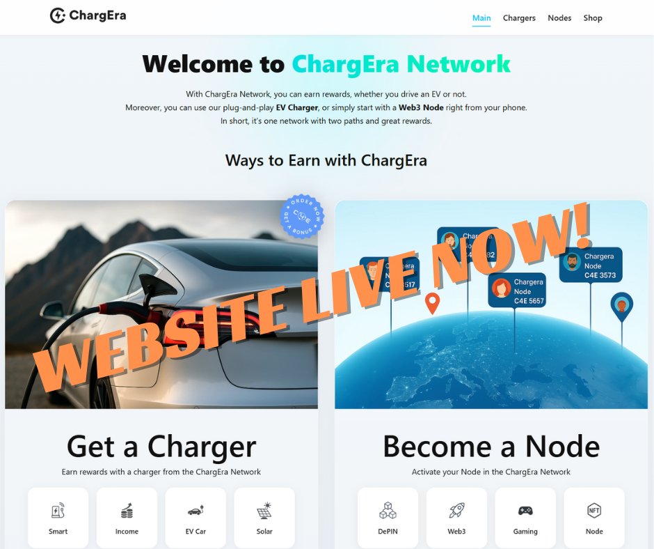 Big news by <a href="/Chain4Energy/">C4E</a>!

 The ChargEra website is officially live!
This is just the beginning — the ChargEra App is on its way.
Explore how you can earn rewards and be part of the EV revolution: chargera.io

Stay tuned for more updates!