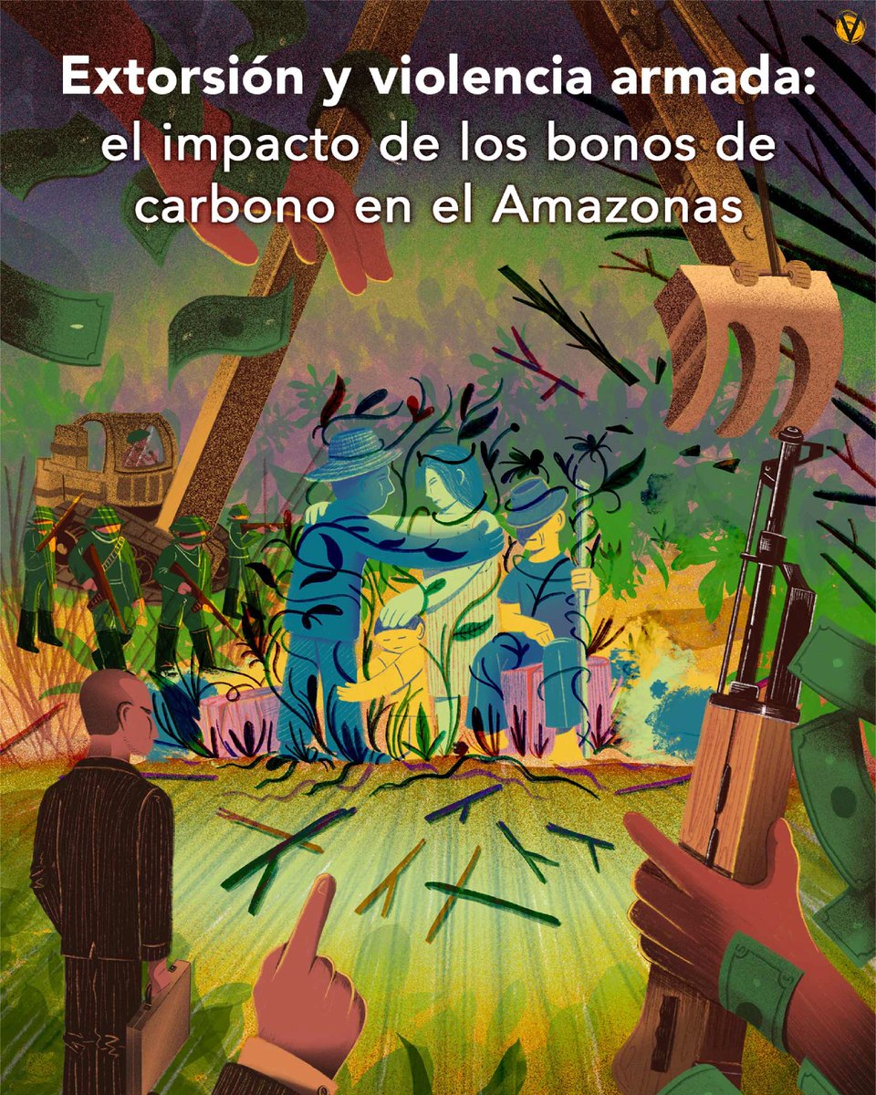 VoragineCo's tweet photo. El mercado de los bonos de carbono ha alterado la vida de las comunidades indígenas del Amazonas, que ahora se enfrentan a amenazas y extorsiones de organizaciones criminales que les exigen parte del dinero que reciben por cuidar los bosques. 
@CINEP_PPP
https://t.co/Tl8FyHz54l https://t.co/S2LHBmn3bw