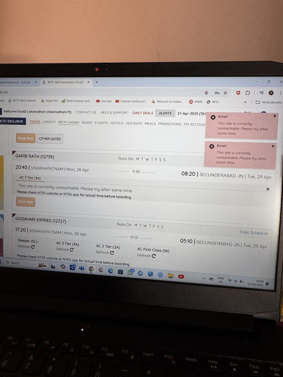 loku4u's tweet photo. What’s wrong with @IRCTCofficial website and app both are not reachable while booking tickets in Tatkal. Simply said that “this website currently not reachable”. shameful on IRCTC for such a wonderful service to Indian people.. should increase potential servers for smooth booking https://t.co/NnQzRaYKNg
