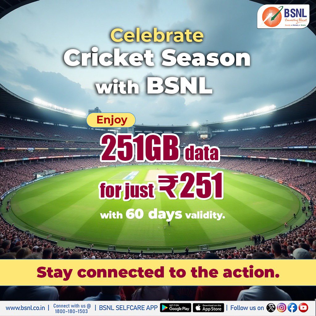 Cricket is best enjoyed uninterrupted—and BSNL makes sure of it!

Introducing the BSNL 251 Pack: Get a massive 251 GB of data for just Rs. 251 and enjoy the thrill of the season for a full 60 days.
Recharge now : recharge.bsnl.co.in

#BSNLIndia #CricketBonanza
