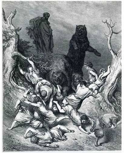 エリシャはそこからベテルに上った。 
彼が道を上っていくと、町から小さな子供たちが出て来て彼を嘲り、 「禿げ頭、上って行け。禿げ頭、上って行け」と言った 
エリシャは振り向いてにらみつけ、主の名によって彼らを呪うと、 森の中から二頭の熊が現れ、子供たちのうちの四十二人を引き裂いた。 