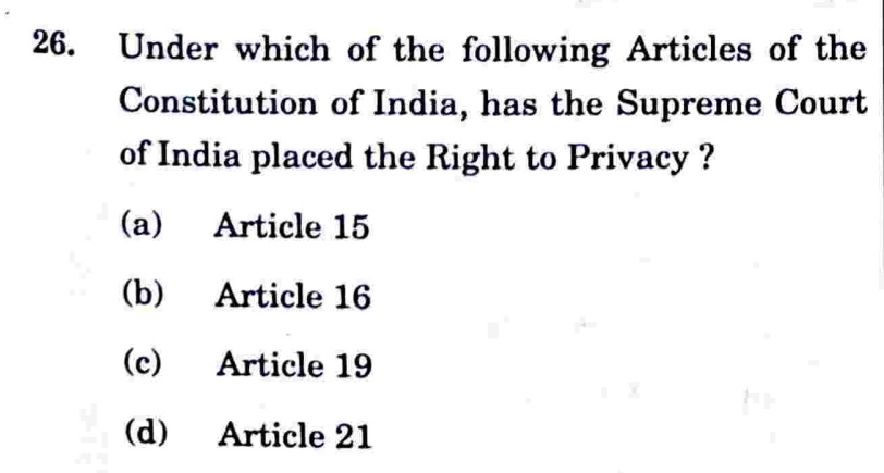 CSExamination's tweet image. 𝗨𝗣𝗦𝗖 𝗖𝗦𝗘 𝗣𝗿𝗲𝗹𝗶𝗺𝘀 - 2024 | PYQs

Topic: Constitution And Polity | Right To Privacy /Articles of the Constitution

𝗖𝗼𝗺𝗺𝗲𝗻𝘁 𝘆𝗼𝘂𝗿 𝗮𝗻𝘀𝘄𝗲𝗿.

#UPSCPrelims2024 #UPSC #uppsc #roaro #mppsc #ukpsc #HPSC #JPSC