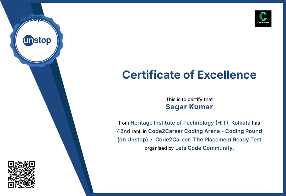 0sagarsingh01's tweet image. Certificate of Excellence in Code2Career Coding Arena - Coding Round (on Unstop) of Code2Career: The Placement Ready Test
#coding #placement #ContestLovers