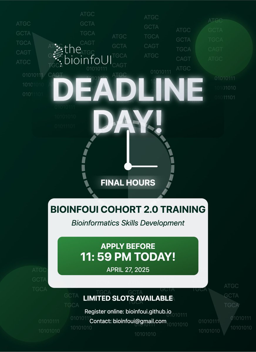BioinfoUI's tweet image. 🚨
🧬 FINAL DAY ALERT! 🧬
Today is the LAST DAY to apply for our Bioinformatics training programme. Applications close at 11:59 PM tonight.
Don&apos;t miss this opportunity to build valuable skills in a growing field! Limited slots available.

Register now: bioinfoui.github.io