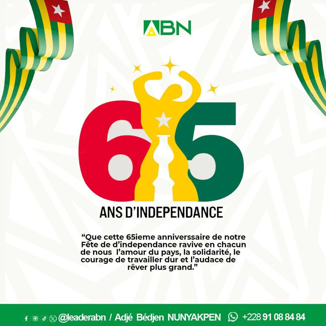 Rodriguard2746's tweet photo. "Que cette 65ieme anniverssaire de notre
Fête d’indépendance ravive en chacun de nous l'amour du pays, la solidarité, le courage de travailler dur et l'audace de rêver plus grand."
#ABN #Togo #independance #65ans #Bonnefête https://t.co/YseQE1MvxV