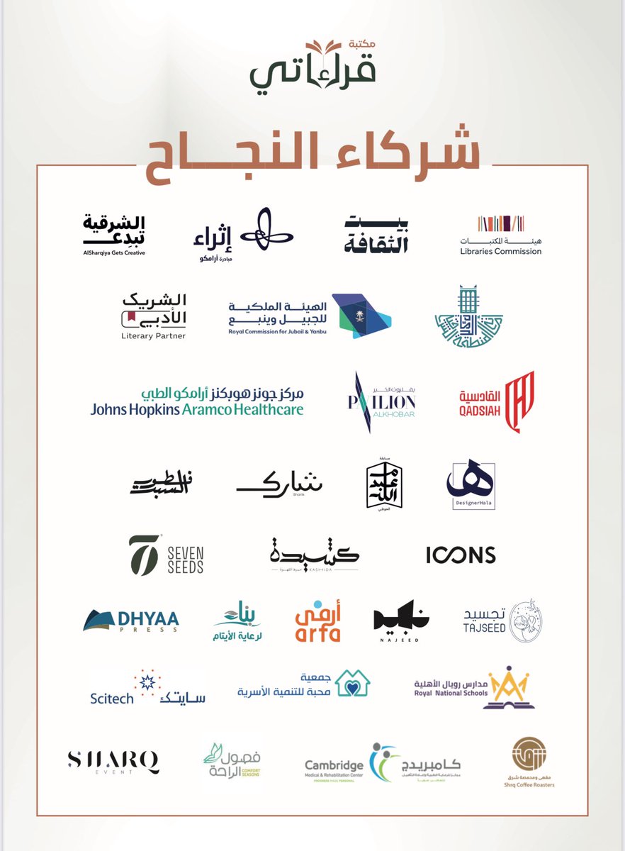 من 2018 حتى الآن "رحلة عطاء وأثر"

نفخر بشركاء نجاحنا في مسيرة مكتبة قراءاتي الغنية بالإنجازات، حيث تحوّلت الأفكار إلى برامج وأنشطة ثقافية أثرت في المجتمع.  

هذا النجاح لم يكن ليكون لولا توفيق الله ثم شركاؤنا المخلصون الذين آمنوا بالرؤية وساهموا بجهودهم ودعمهم. 

لكم منّا كل