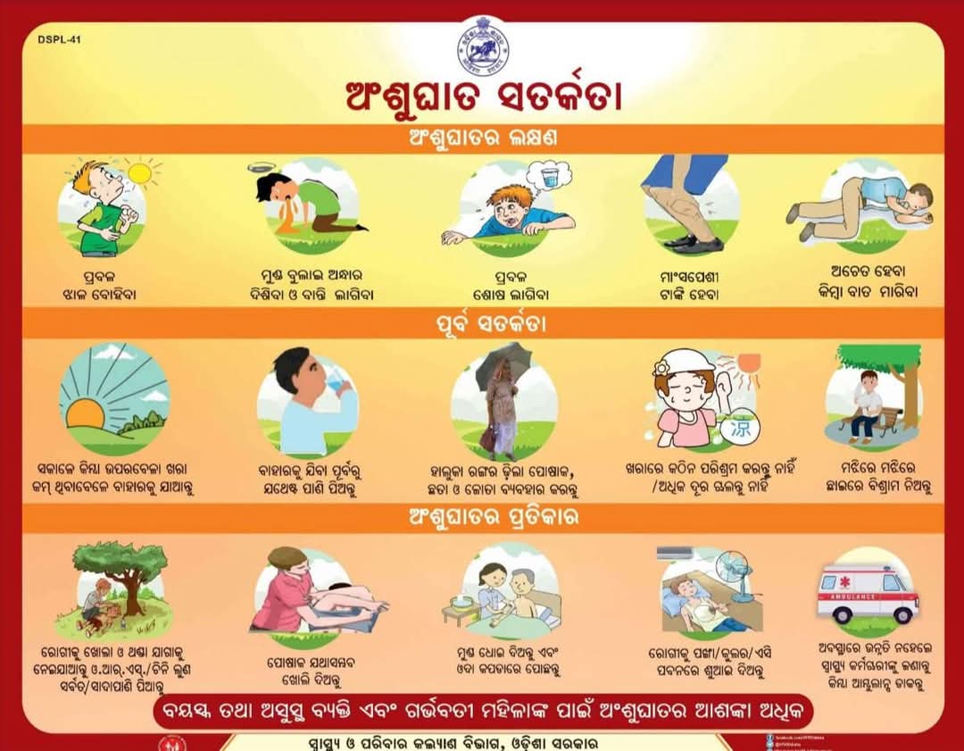 ଅଂଶୁଘାତ ପ୍ରତି ସାବଧାନ ରହିବା।ଟାଣ ଖରାରେ ବାହାରକୁ ବାହାରିବା ନାହିଁ କିମ୍ବା କଠିନ ଶାରୀରିକ ପରିଶ୍ରମ କରିବା ନାହିଁ। ଅଂଶୁଘାତରୁ ସୁରକ୍ଷିତ ରହିବା ପାଇଁ ପ୍ରଦତ୍ତ ସୂଚନା ଗୁଡ଼ିକୁ ଅନୁପାଳନ କରିବା। ସୁରକ୍ଷିତ ରହିବା, ସତର୍କ ରହିବା।
#OdishaCares