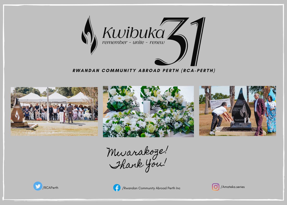 RCAPerth's tweet photo. On 12th April, #Kwibuka31 event took place at the Kwibuka Memorial in the Stirling Civic Gardens. The 31st commemoration of the 1994 Genocide against the Tutsi in Rwanda reflected on building resilient communities and fighting against genocide denial. 

Thank you for joining us! https://t.co/KcdDCLx0qw