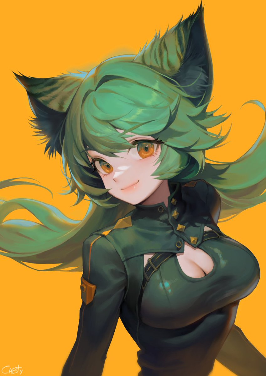 caesty's tweet image. 녹색 머리의 고양이 귀 소녀😺
원본은 가로로 길게 그렸는데, 마무리 단계에서 레이아웃을 조정하다 보니 일부가 잘렸습니다. 😅🟩🟨