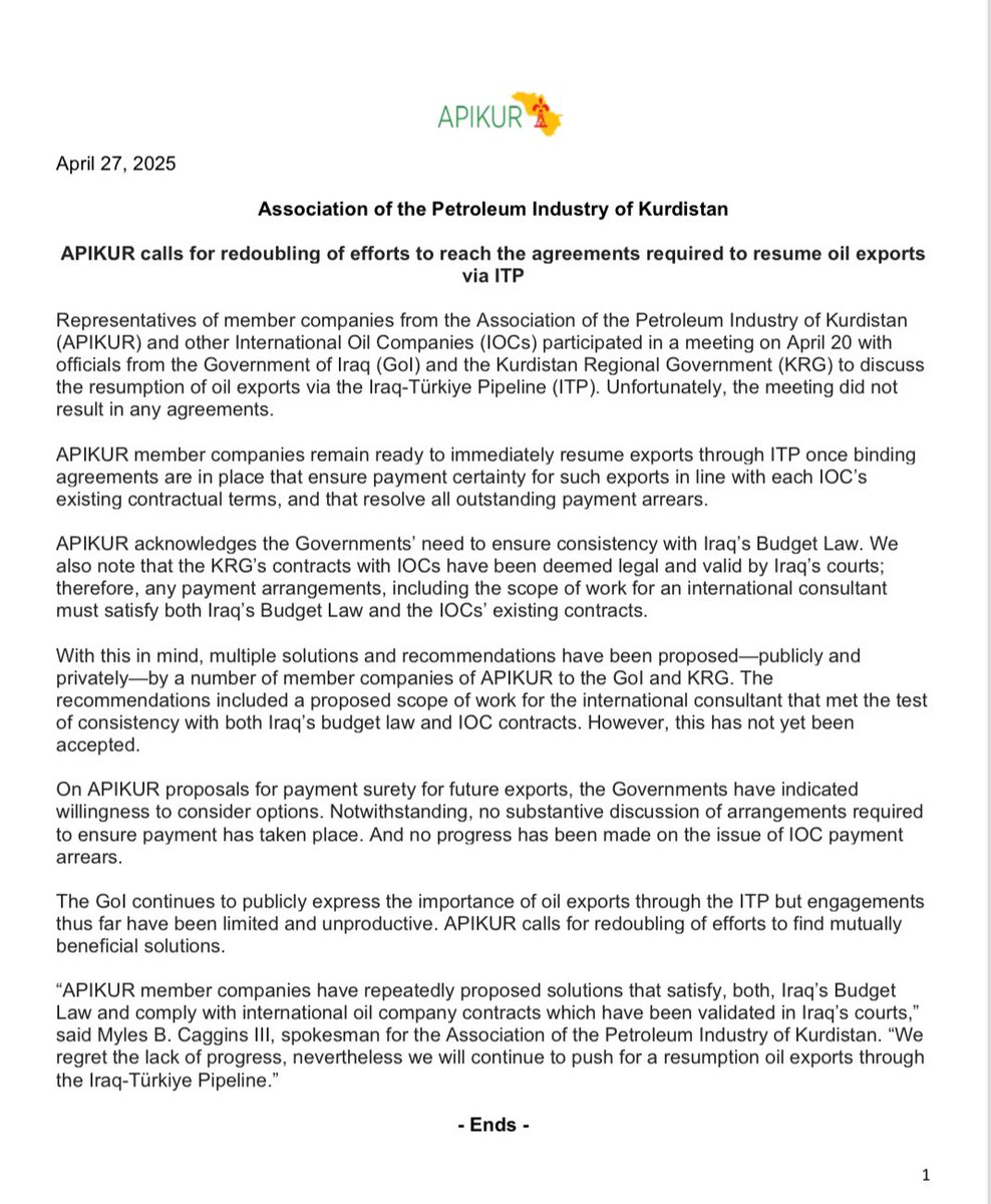Press Release:  <a href="/apikur_oil/">APIKUR</a> calls for redoubling of efforts to reach the agreements required to resume oil exports via Iraq-Türkiye pipeline. 

The Govt of Iraq continues to publicly express the importance of oil exports through the ITP but engagements thus far have been limited