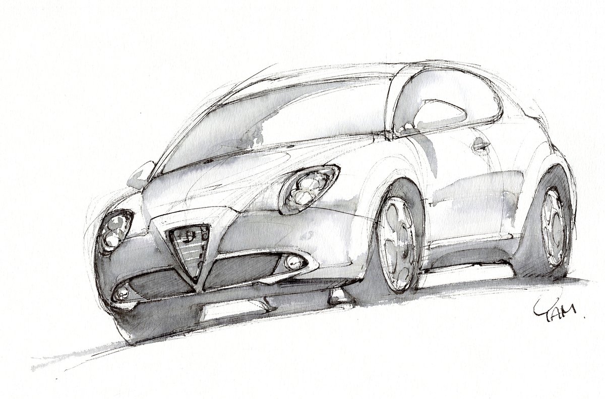 最近、電気自動車に乗るようになって、もうガソリン車には戻れないなと思うようになりました。車庫でじっとしている愛車に感謝の思いをこめて。
Alfa Romeo "MITO", 2014
（水彩紙に万年筆LAMY Safari、水と面相筆）