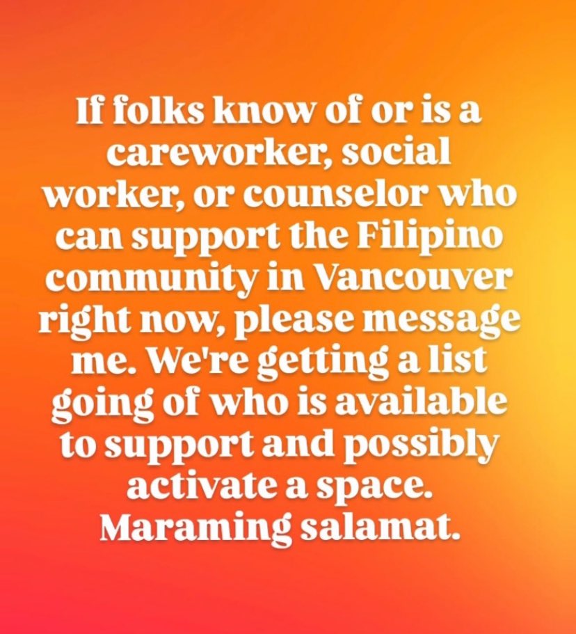 TUKKUSAURUS's tweet photo. so devastating and heart shattering to witness the lives of beloved filipino community being taken away in vancouver 💔 please reach out!! people have started collecting resources to connect those affected with filipino mental health workers. https://t.co/05iLJ5WPAM