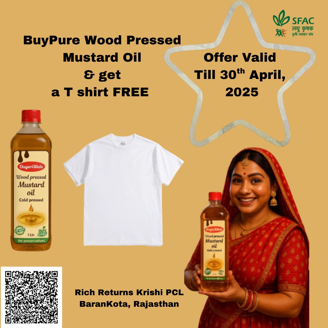 sfacindia's tweet photo. Giveaway🎁
Buy pure, unadulterated mustard oil &amp; get a T shirt FREE till 30th April. Enjoy its distinct pungent flavour &amp; numerous health benefits.

Order straight from FPO farmers👇
https://t.co/2N2Bu3usXO

😋
#VocalForLocal #healthychoices #Mustard #Oil #GIVEAWAY #GiveawayAlert https://t.co/HZe4NxT9AQ
