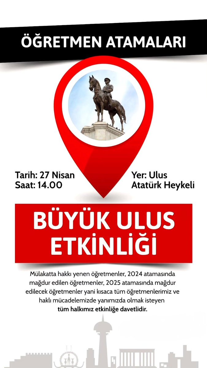 ❗Mülakatta hakkı yenilen,
 ❗Atama bekleyen,
❗ Kontenjan ve Branş Dağılımında Adaletsizliğe Uğrayan, 
Tüm Öğretmenlerimiz için, 
✒️27 Nisan Pazar günü saat 14.00’te Ulus Atatürk Heykeli'nde 
desteklerinizi bekliyoruz.
#ÖğretmenlerPazarGünüUlusta