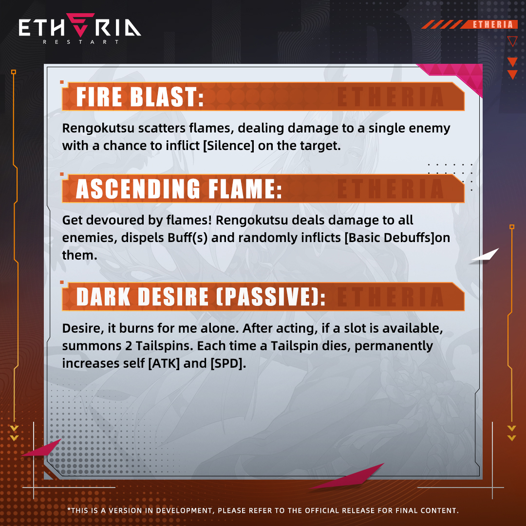 etheria_restart's tweet photo. #BossIntro #Rengokutsu

💾 Boss Investigation File 💾

// BOSS ID: Rengokutsu
// Intelligence Report: Rengokutsu is ruthless and merciless, with unpredictable mood swings. No one can fully understand his temperament, making every moment in his presence extremely dangerous—for you never know when he might suddenly decide to incinerate everything in sight.

——「Let the Inferno bring you your destined end.」

#EtheriaRestart