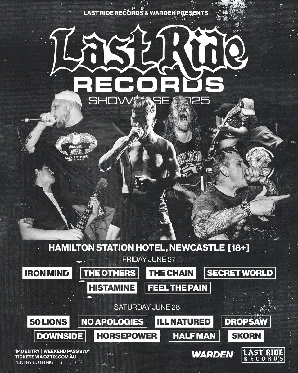 Last Ride Records (@lastriderecords) on Twitter photo Last Ride and Warden presents: Last Ride Records Showcase 2025.
June 27 and 28 at <a href="/HamoStation/">The Hamilton Station Hotel</a> featuring a stacked roster of Australian hardcore's finest. Tickets are on sale now at bit.ly/LRRSHOWCASE25, including a limited amount of two night passes. Last Ride and Warden presents: Last Ride Records Showcase 2025.
June 27 and 28 at <a href="/HamoStation/">The Hamilton Station Hotel</a> featuring a stacked roster of Australian hardcore's finest. Tickets are on sale now at bit.ly/LRRSHOWCASE25, including a limited amount of two night passes.
