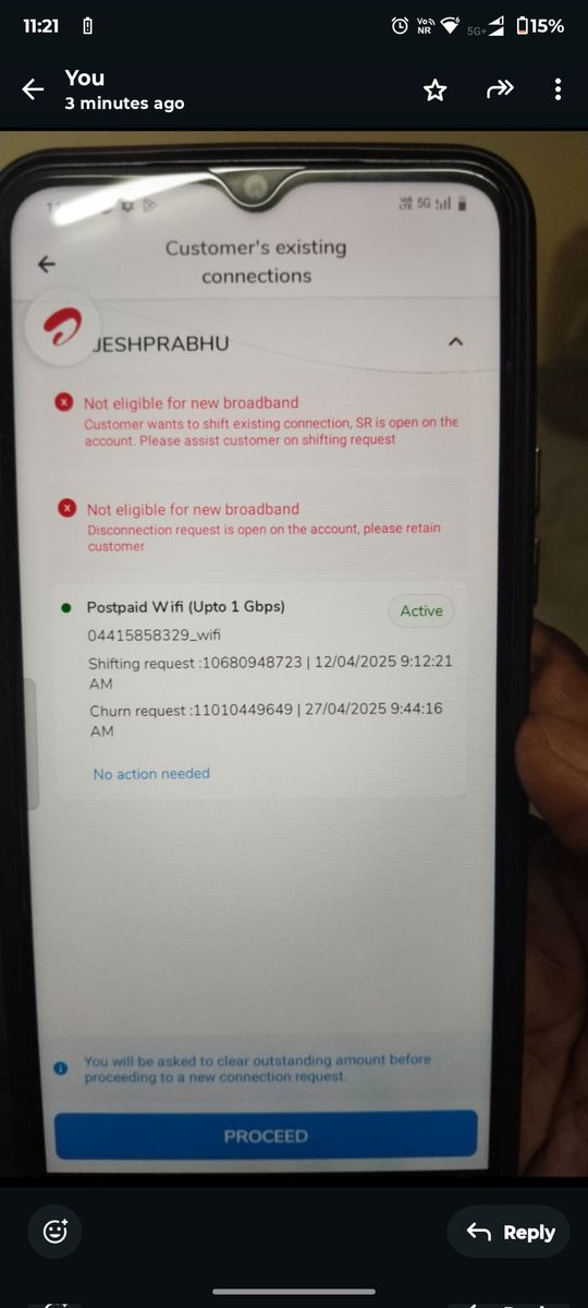 rajesh2987's tweet photo. @airtelindia I was told shifting is not possible but for new connection request they are able to provide for the same address .screen shot from technician attached. Nice.. https://t.co/fEVe2BkSO8