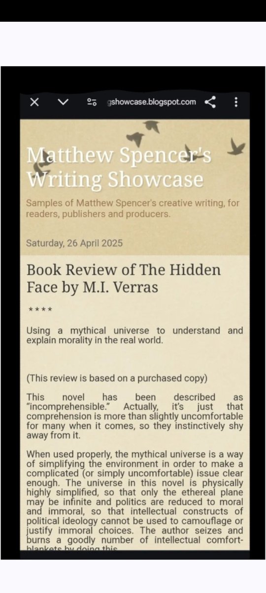 THE AMAZING review of THE HIDDEN FACE by M. I. VERRAS posted by reviewer Matthew Spencer.

mswritingshowcase.blogspot.com/2025/04/book-r…

#booktwt #WritingCommunity #books #bookreview #bookrecs #amreading