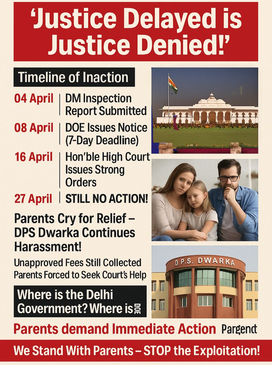 TheDeepakChawla's tweet photo. 🚨 Where is the Delhi Government? Where is DOE? 🚨
🗣 Parents demand Immediate Action!

🏫 Parents Cry for Relief — DPS Dwarka Continues Harassment!
💸 Unapproved Fees Still Collected |
😡 Parents Forced to Seek Court’s Help

📢 #JusticeForParents #StopExtortion #DPSDwarkaTruth https://t.co/CT04c62oY9