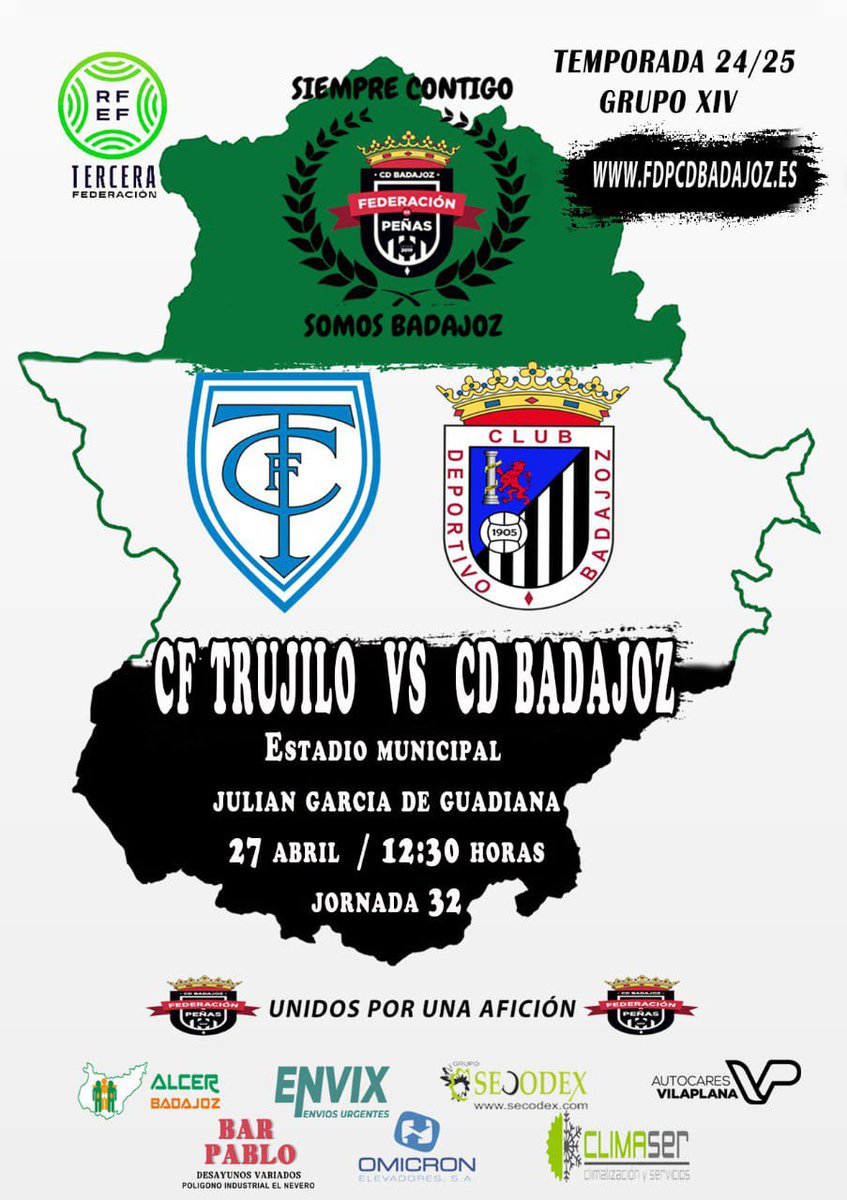 FEDERACIÓN DE PEÑAS DEL CD BADAJOZ (@fdp_cdb) on Twitter photo 🚨⚽ ᎻᎾᎽ ᎬᏕ ᎠłᎯ ᎠᎬ ᏰᎯᎠᎯ ⚽🚨
Quedan 3 y no vamos a bajar los brazos
Porque queremos que sean más
Trujillo📍149kms y un objetivo claro
3⃣ puntos para poner un pie en el play-off
🕧 12:30 <a href="/Trujillo_CF/">CF Trujillo</a> ⚔️ <a href="/CDBadajoz/">CD Badajoz</a>
#AupaCDB ⚪⚫ #SiempreContigo 🚨⚽ ᎻᎾᎽ ᎬᏕ ᎠłᎯ ᎠᎬ ᏰᎯᎠᎯ ⚽🚨
Quedan 3 y no vamos a bajar los brazos
Porque queremos que sean más
Trujillo📍149kms y un objetivo claro
3⃣ puntos para poner un pie en el play-off
🕧 12:30 <a href="/Trujillo_CF/">CF Trujillo</a> ⚔️ <a href="/CDBadajoz/">CD Badajoz</a>
#AupaCDB ⚪⚫ #SiempreContigo