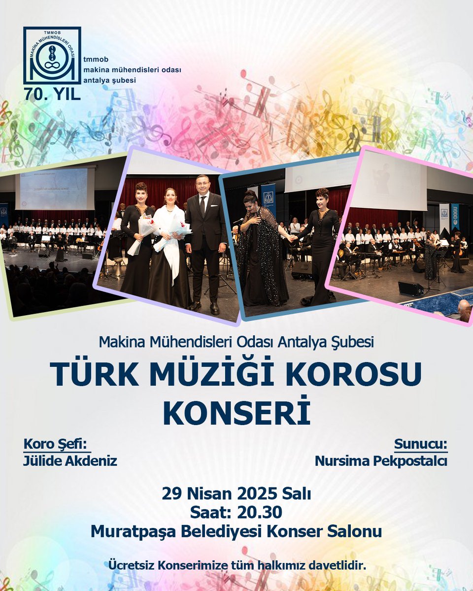 Türk Müziği Koromuzun 29 Nisan Salı günü saat 20.30'da Muratpaşa Belediyesi Konser Salonu'nda gerçekleştireceği konserine tüm üyelerimiz davetlidir.