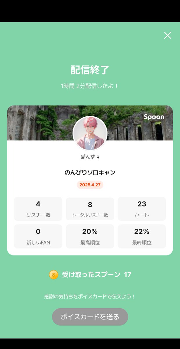 久しぶりの配信
キャンプしながらでしたが
うぐいすの鳴き声とバイクの爆音が混ざるというヘンテコな大喜利配信でした。でも嬉しかったです！
来てくださった皆さん、ありがとう！