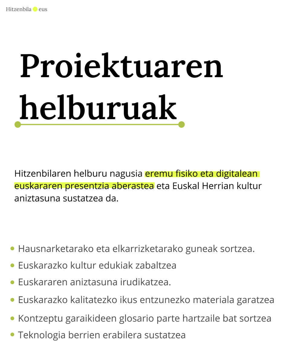 Badakizu zeintzuk diren proiektu honen helburuak? 🎯

👉 Igo dugun irudia ikusi zeintzuk diren jakiteko. 

Zure laguntza beharrezkoa da. Kultur munduan mugitzen zara eta parte hartu nahi duzu? 

Gure web orrialdeko formularioa bete: 

🔗 hitzenbila.eus/index.php/part… 

#Hitzenbila