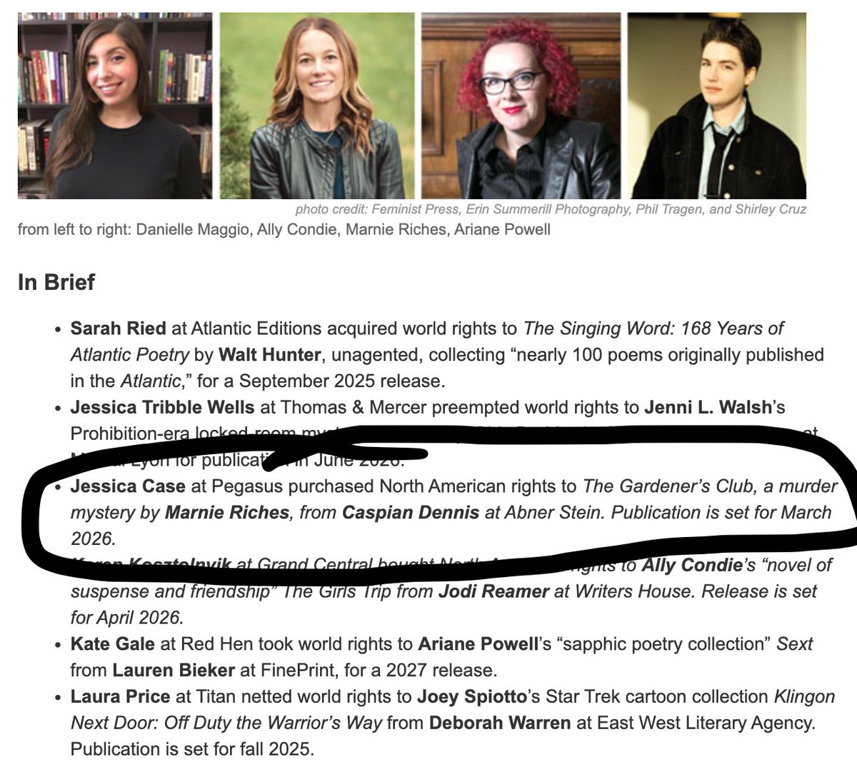 Marnie Riches (@marnie_riches) on Twitter photo Delighted to announce this news, as printed in <a href="/PublishersWkly/">Publishers Weekly</a>: 'The Gardeners' Club' and its follow-up will be published in the US and Canada by the esteemed <a href="/Pegasus_Books/">Pegasus Books</a>. I'm THRILLED! Delighted to announce this news, as printed in <a href="/PublishersWkly/">Publishers Weekly</a>: 'The Gardeners' Club' and its follow-up will be published in the US and Canada by the esteemed <a href="/Pegasus_Books/">Pegasus Books</a>. I'm THRILLED!