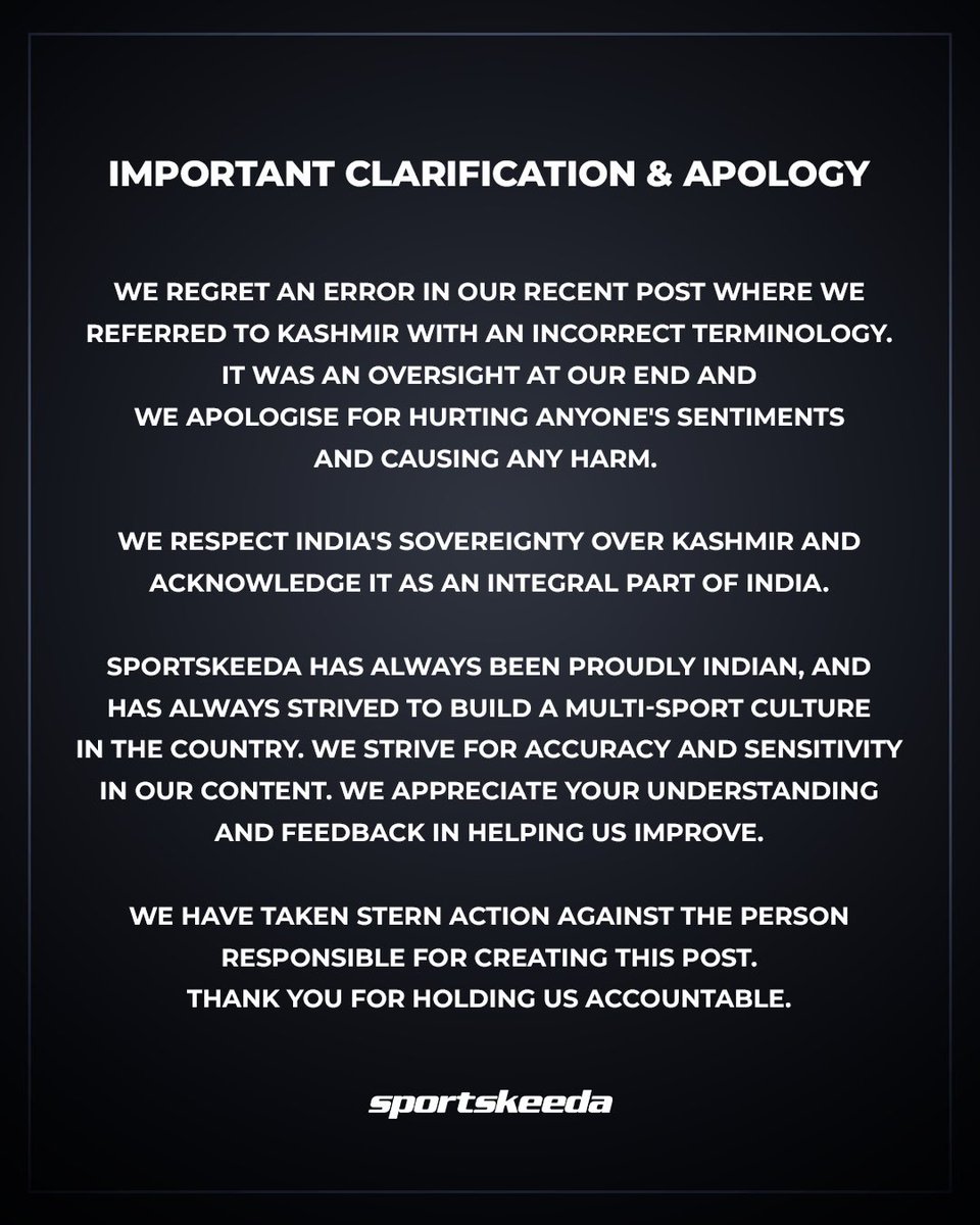 Sportskeeda's tweet image. We extend our sincere apology.

#India #Sportskeeda