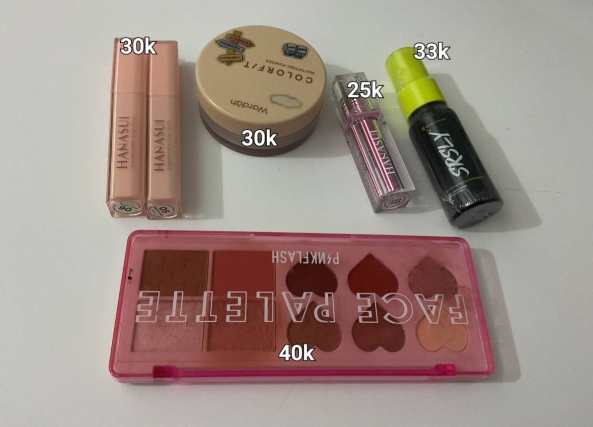 WTS PRELOVED &amp; NEW

/price on pic

Hanasui glazedorable vinyl 05 &amp; 06 (1x pakai)
Wardah colorfit mattifying loose powder 32N Neutral Beige (isi 50%)
Hanasui next level blurry tint 02 sorbet (1x pakai)
Somethinc srsly setting spray (NEW)
Pinkflash face palette 03 

📍jatinangor