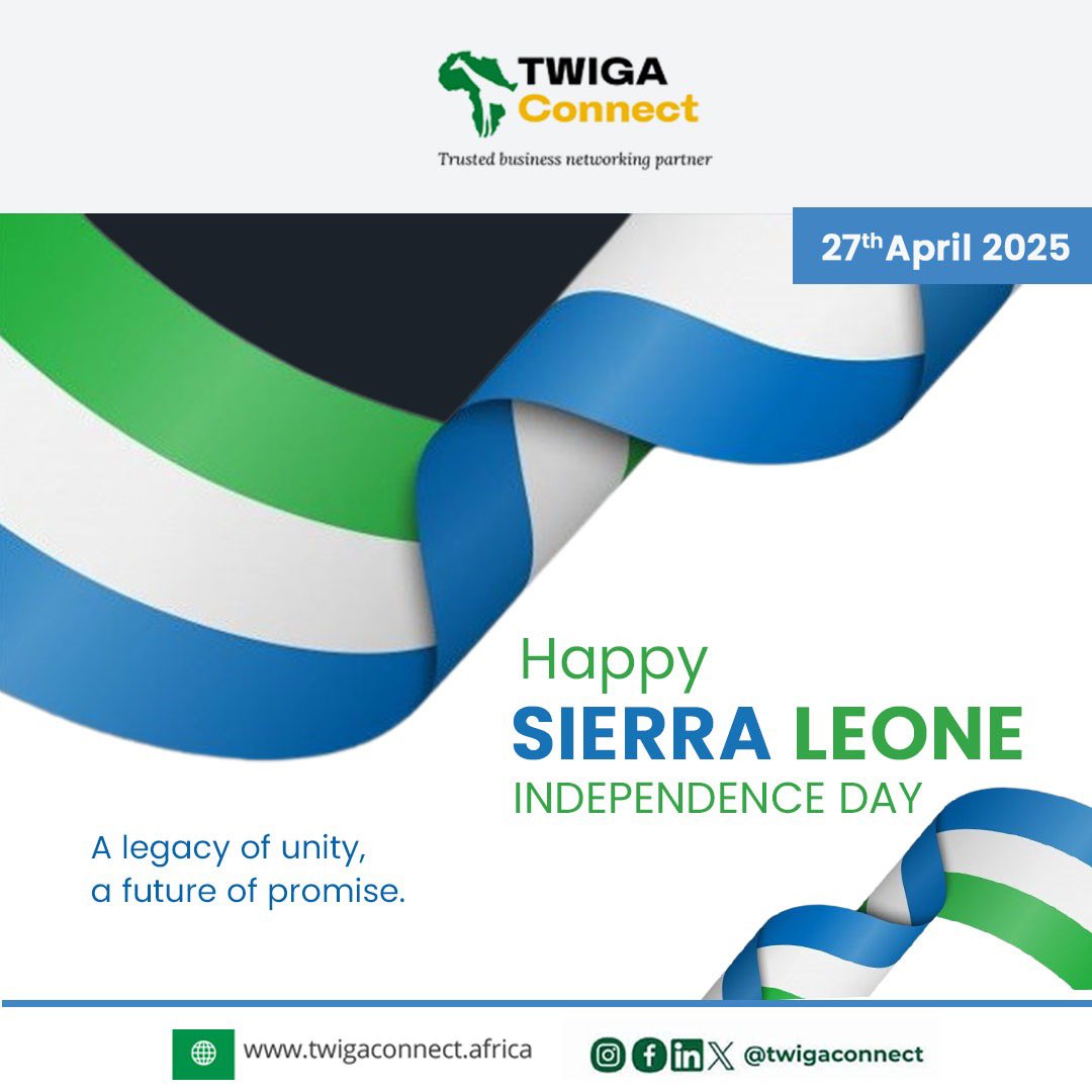 Happy Independence Day to the beautiful nation of Sierra Leone!
Today, we celebrate your resilience, spirit, and hope for a brighter future.
Twiga Connect stands with you in honoring this powerful journey.
#SierraLeone #IndependenceDay #TwigaConnect #StrengthInUnity