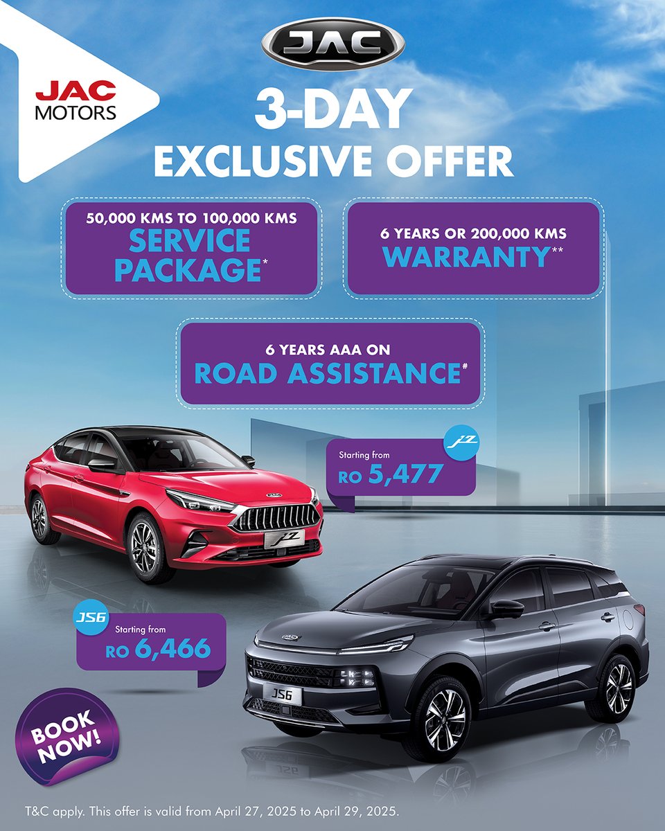 JACMotorsOman's tweet image. Big offers don’t wait. Neither should you.

Choose the J7 or JS6 and enjoy service packages, warranty and AAA support, all part of your deal.

From April 27–29, don’t miss out!

#3DaysOnly #LimitedTimeOffer #JACOman
