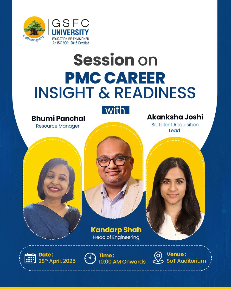 GSFCUniversity's tweet photo. Join us for "PMC Career Insight and Readiness"!
Explore career opportunities, industry expectations, and tips to boost your journey in Project Management Consultancy.
Don't miss out!
#PMCCareers #ProjectManagementConsultancy #SuccessStartsHere #GSFCUniversity #Vadodara #Students https://t.co/sYSI19zLcx