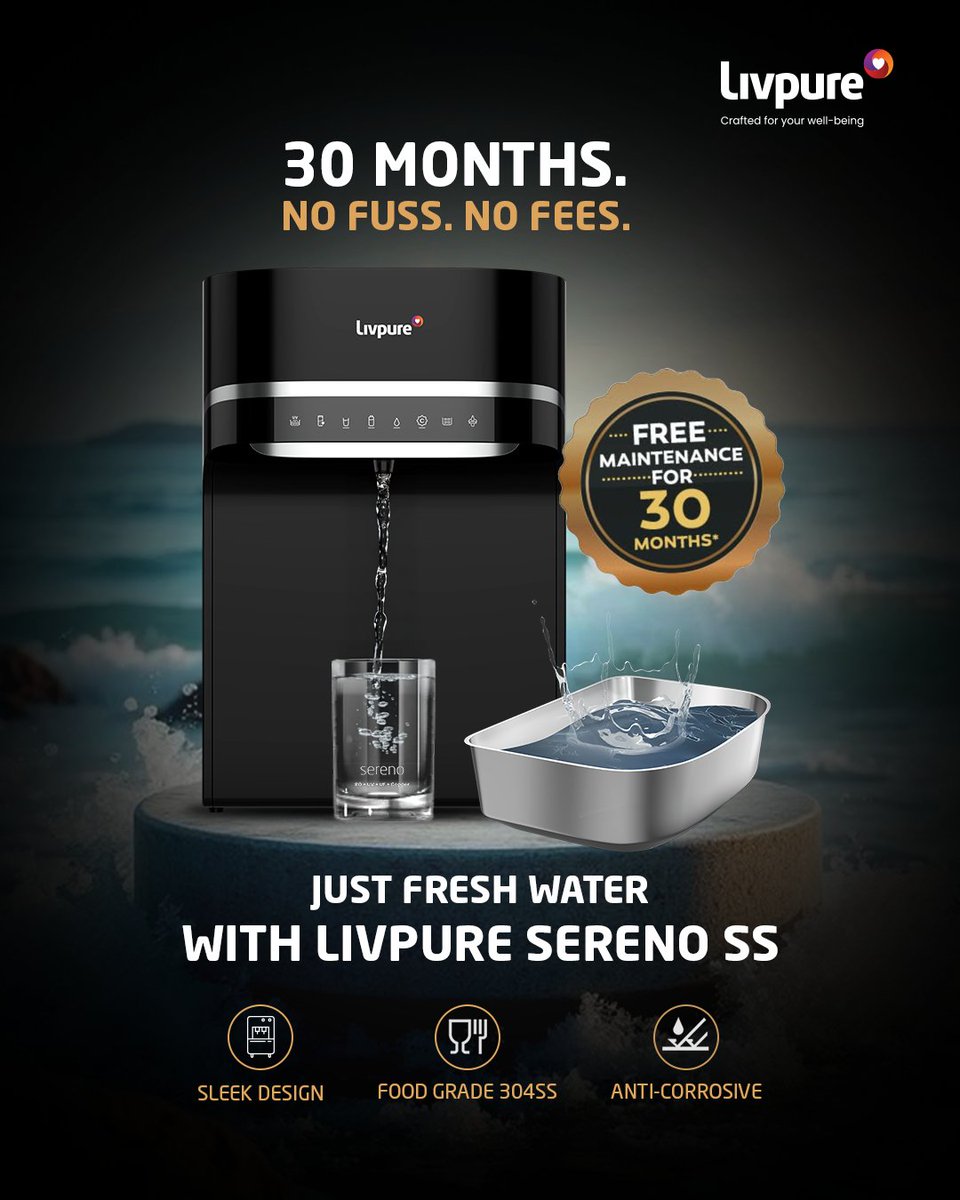 Livpure_India's tweet photo. Sip easy, stress less with Livpure Sereno SS.

Enjoy 30 months of free maintenance and experience pure, fresh water — without worries.​

#Livpure #LivpureIndia #30MonthsFreeMaintenance https://t.co/kaxYxeUI8W