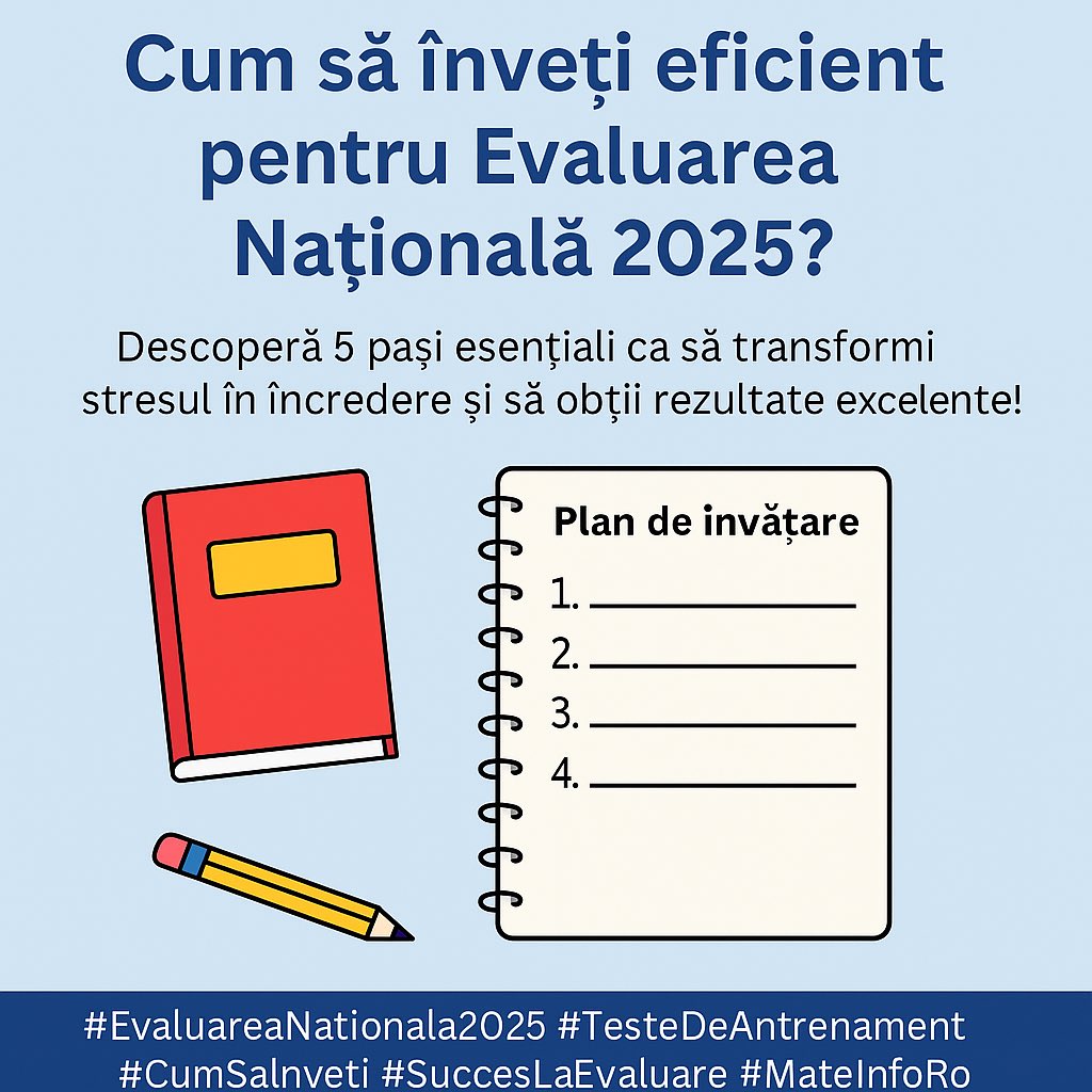 MateInfoRo's tweet photo. Cum să înveți eficient pentru Evaluarea Națională 2025?

Descoperă 5 pași esențiali ca să transformi stresul în încredere și să obții rezultate excelente!

Am pregătit pentru tine un ghid simplu și eficient:

➡️ https://t.co/duuOkeHndC

Fii cu un pas înainte! https://t.co/LJVwcoEpSP