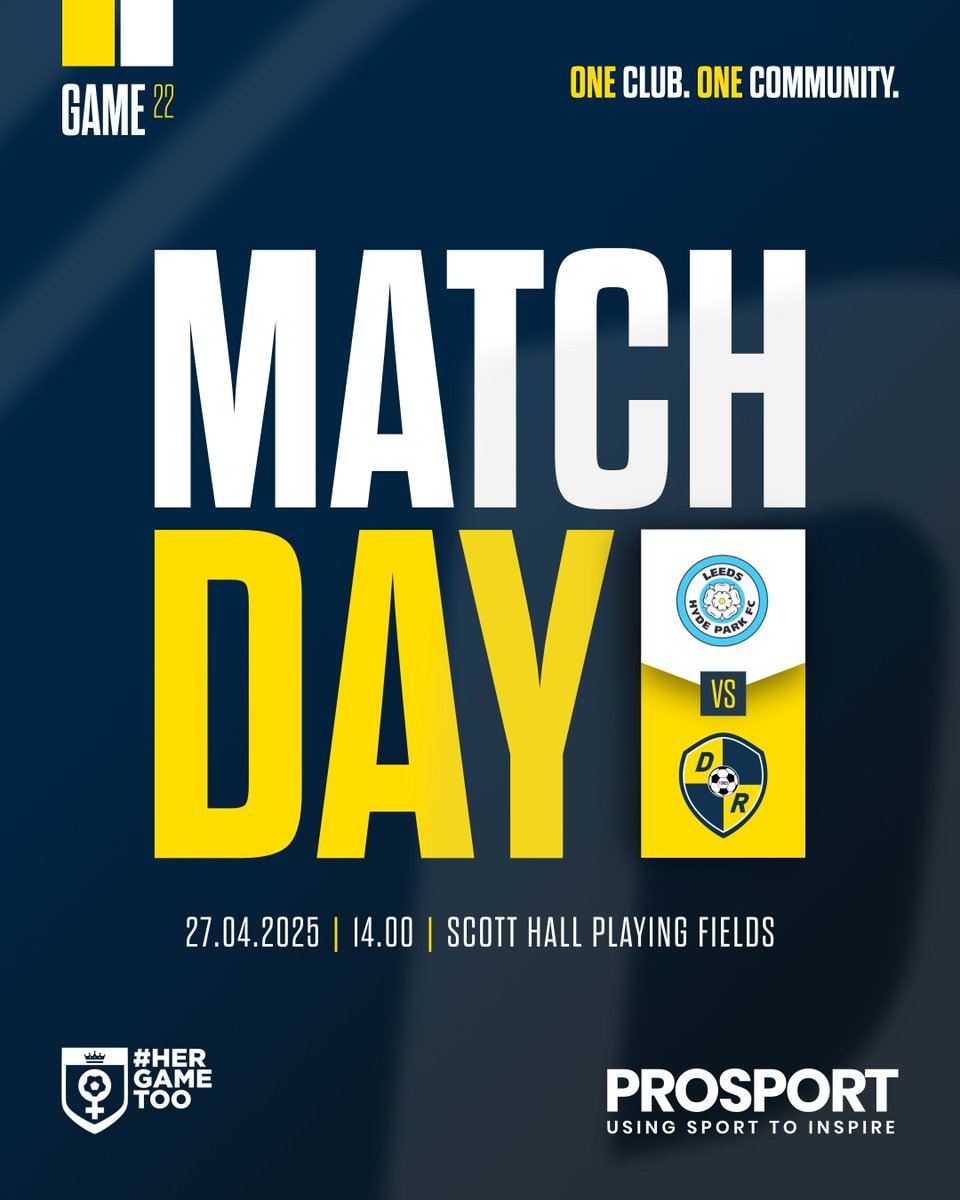 𝗠𝗔𝗧𝗖𝗛𝗗𝗔𝗬 

𝗟𝗮𝗱𝗶𝗲𝘀 
🆚 Leeds Hyde Park Reserves
🕑 2pm 
🏆 Supplementary Cup 
🏟️ Scott Hall Playing Fields
🎟️ FREE admission, all support welcome 

𝙎𝙥𝙤𝙣𝙨𝙤𝙧𝙚𝙙 𝙗𝙮 𝙋𝙧𝙤𝙎𝙥𝙤𝙧𝙩