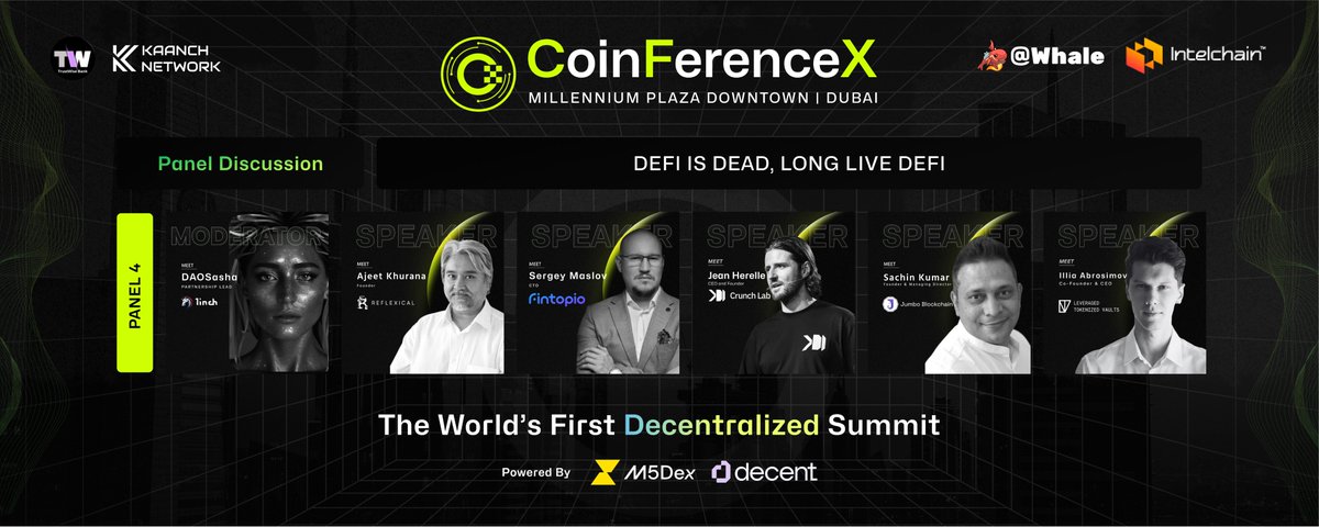 🚀 Panel 4 at #CoinFerenceX2025!

DeFi is Dead, Long Live DeFi 🔥

Moderator: <a href="/daosasha/">daosasha.eth 🕊️</a>  
Speakers: <a href="/AjeetK/">Ajeet.web3</a> , <a href="/maslovsa/">Sergey Maslov</a> , <a href="/herelle_jean/">jean herelle</a> , <a href="/skb_co/">SK(jumboBlockchain)</a> , <a href="/0xCorwin/">Corwin 🇺🇦</a> 
🗓️ April 28 | 📍 Dubai

👉CoinFerenceX.com

Is DeFi dead—or is the next wave just beginning? 👀